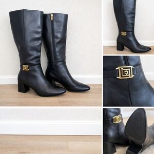 Women's Mid-Calf Leather Boots, Black with Gold Buckle Accent